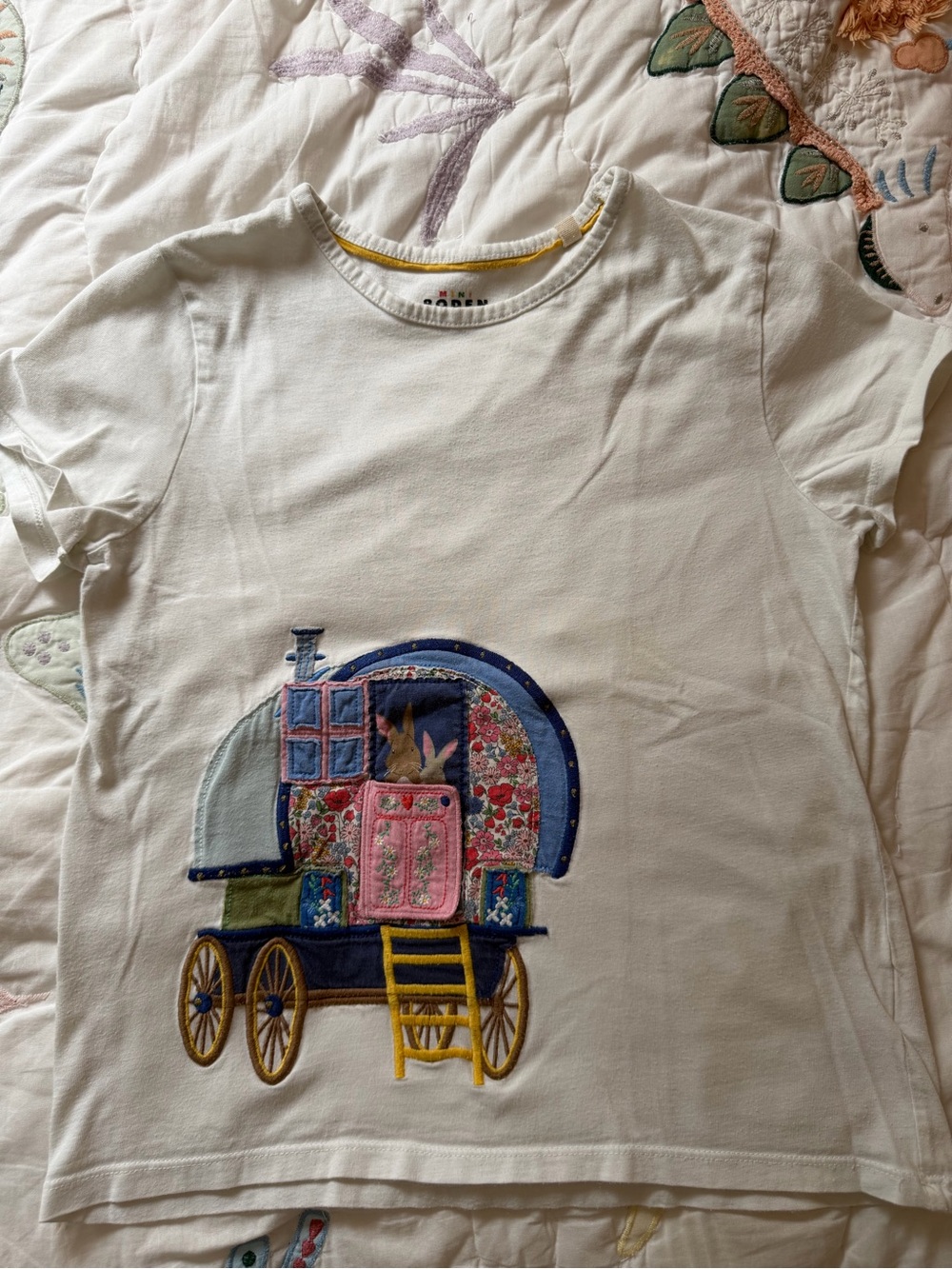 Mini Boden White Tee with Colorful Caravan Appliqué
